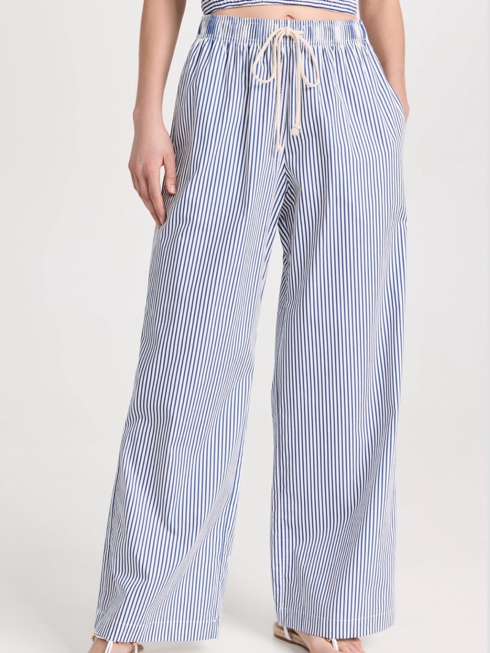 DONNI. Blue and White Striped Wide-Leg Pants